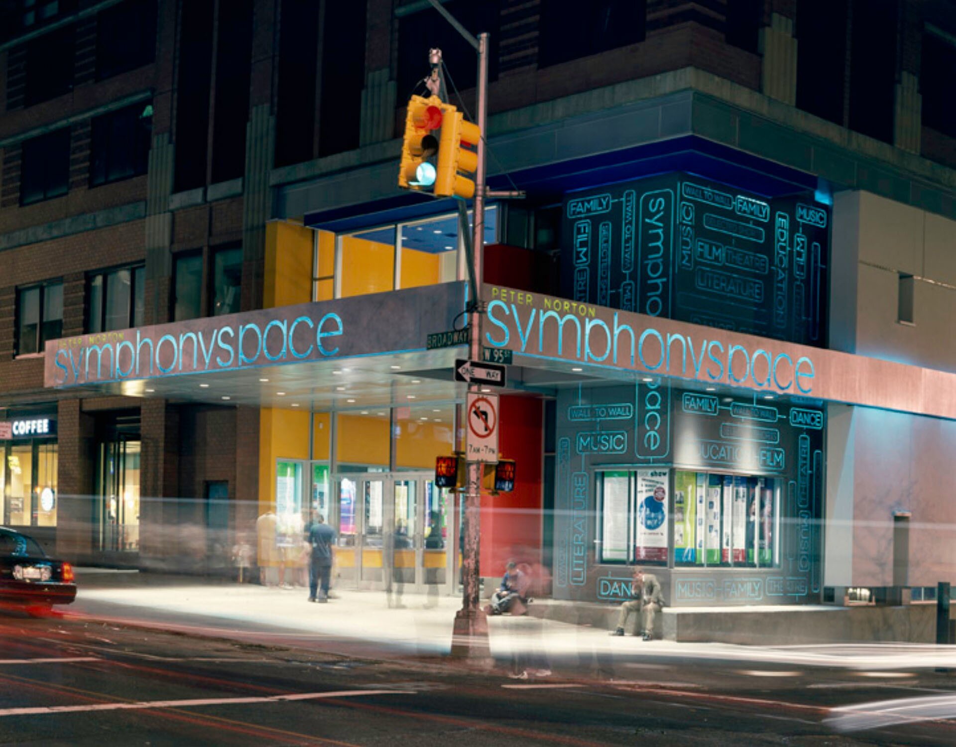 SYMPHONY SPACEIdentity, signage – 2002Partner/Designer – Paula ScherDesigners – Dok Chon, Rion Byrd, Tina ChangArchitects – Polshek Partnership ArchitectsPhoto credit – Peter Mauss/EstoSymphony Space is a community-based arts organization that presents a diverse range of programming in music, film, dance, literature and theater.  Founded in 1978 in an abandoned movie theater on Manhattan’s Upper West Side, it has grown from being a neighborhood fixture affectionately known for its well-worn auditorium into a role as one of the city’s most eclectic and vibrant cultural institutions.  Accessibility to the public is part of its mission, and along with its own calendar of performances, concerts, family events and educational programs (including a partnership with the New York City public schools) Symphony Space serves as a place for some 40 not-for-profit arts organizations to stage work.  Its reach extends well beyond upper Broadway – it is perhaps best known for producing the readings series “Selected Shorts,” broadcast nationally on NPR.The 2002 renovation designed in collaboration by Polshek Partnership Architects and Pentagram marries architecture and graphics to give Symphony Space a physical presence that matches its cultural activity.  The interior renovation preserves the existing auditorium but expands the facility into a two-theater performing arts space by uniting it with the adjacent Thalia Theater, a repertory movie house.  Outside, a new marquee awning connects Symphony Space to the Thalia, extending its reach out over the corner of 95th and Broadway and using the building’s architecture and graphics to talk to the s